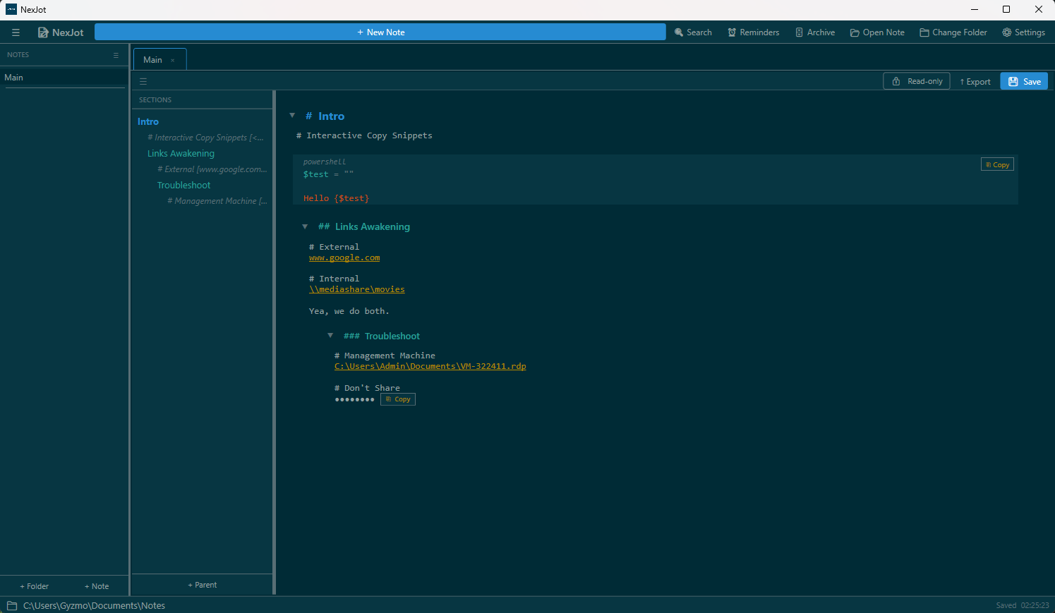 NexJot showing a structured IT note with code snippets, secret snippets, and the SECTIONS pane